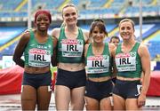 21 June 2023; The Ireland womens 4x100m relay team, from left, Adeyemi Talabi, Mollie O'Reilly, Sarah Leahy and Joan Leahy at the Silesian Stadium during the European Games 2023 in Chorzow, Poland. Photo by David Fitzgerald/Sportsfile