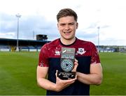 22 June 2023; Freddie Draper of Drogheda United with his award for the SSE Airtricity / SWI Player of the Month for May 2023 at Weaver's Park in Drogheda, Louth. Photo by Piaras Ó Mídheach/Sportsfile