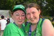 21 June 2023; Team Ireland's Emma Costello, a member of Navan Special Olympics Club, from Clonee, Dublin, with her mother Siobhán after competing in the Long Jump qualifying round on day five of the World Special Olympic Games 2023 at the Hanns-Braun-Stadion, in the Olympiapark, Berlin, Germany.  Photo by Ray McManus/Sportsfile