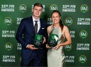 20 June 2023; Young Men’s Player of the Year Evan Ferguson and Young Women’s Player of the Year Heather Payne during the FAI 33rd International Awards media event at Mansion House in Dublin. Photo by Stephen McCarthy/Sportsfile
