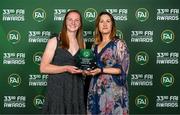 20 June 2023; Courtney Brosnan is presented with the Senior Women’s Player of the Year award by Sky Ireland CCO Orlaith Ryan during the FAI 33rd International Awards media event at Mansion House in Dublin. Photo by Stephen McCarthy/Sportsfile