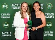 20 June 2023; Freya Healy is presented with the Women’s U16 Player of the Year award by Republic of Ireland U16 head coach Megan Smyth Lynch during the FAI 33rd International Awards media event at Mansion House in Dublin. Photo by Stephen McCarthy/Sportsfile