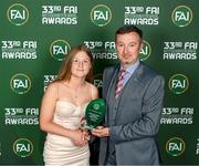 20 June 2023; Abigail Bradshaw of St. Colmcille’s Community School, Knocklyon, Dublin, is presented with the Women’s U15 Schools Player of the Year award by Republic of Ireland U15 Schools Head Coach Richard Berkeley during the FAI 33rd International Awards media event at Mansion House in Dublin. Photo by Stephen McCarthy/Sportsfile