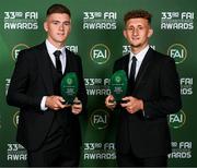 20 June 2023; Sean Grehan with the Men’s U19 Player of the Year award, left, and Sam Curtis with the Men’s U18 Player of the Year award, during the FAI 33rd International Awards media event at Mansion House in Dublin. Photo by Stephen McCarthy/Sportsfile