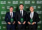 20 June 2023; Award winners, from left, Evan Ferguson, Young Men’s Player of the Year, Nathan Collins, Men’s Senior Player of the Year, and Will Smallbone, Men’s U21 Player of the Year, during the FAI 33rd International Awards media event at Mansion House in Dublin. Photo by Stephen McCarthy/Sportsfile