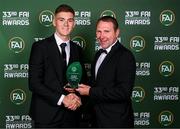 20 June 2023; Sean Grehan is presented with the Men’s U19 Player of the Year award by Republic of Ireland U19 head coach Tom Mohan during the FAI 33rd International Awards media event at Mansion House in Dublin. Photo by Stephen McCarthy/Sportsfile