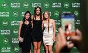 20 June 2023; Ella Kelly, Chloe Wallace and Abigail Bradshaw on their arrival to the FAI 33rd International Awards media event at Mansion House in Dublin. Photo by Stephen McCarthy/Sportsfile