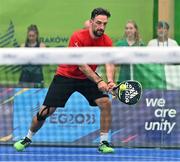 22 June 2023; Marco Montanaro of Albania during the men's double Padel qualification round match between Ireland and Albania during the European Games at the KSOS in Krakow. Photo by Tyler Miller/Sportsfile