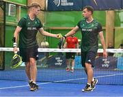 22 June 2023; Sean Neave of Ireland, left, and teammate Sam McKibbin celebrate after scoring a point during the men's double Padel qualification round match between Ireland and Albania during the European Games at the KSOS in Krakow. Photo by Tyler Miller/Sportsfile