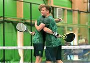 22 June 2023; Sean Neave of Ireland, left, and teammate Sam McKibbin celebrate after winning the men's double Padel qualification round match between Ireland and Albania during the European Games at the KSOS in Krakow. Photo by Tyler Miller/Sportsfile