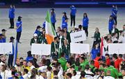 21 June 2023; Ireland flagbearers Sarah Lavin and Liam Jegou during the European Games Krakow 2023 Opening Ceremony in the Henryk Reyman Municipal Stadium in Krakow. Photo by Tyler Miller/Sportsfile