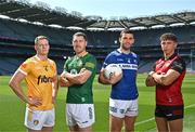 22 June 2023; In attendance during the Tailteann Cup Semi-Finals media event at Croke Park in Dublin are, from left, Peter Healy of Antrim, Padraic Harnan of Meath, Robert Pigott of Laois and Pierce Laverty of Down. Photo by Sam Barnes/Sportsfile