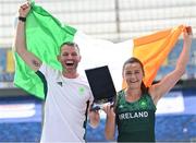 22 June 2023; Ireland team captains Thomas Barr and Phil Healy celebrate after winning the Division 3 Athletics team championship at the Silesian Stadium during the European Games 2023 in Chorzow, Poland. Photo by David Fitzgerald/Sportsfile