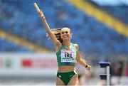 22 June 2023; Sharlene Mawdsley of Ireland celebrates as she crosses the line to win the 4x400 mixed relay at the Silesian Stadium during the European Games 2023 in Chorzow, Poland. Photo by David Fitzgerald/Sportsfile