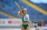 22 June 2023; Sharlene Mawdsley of Ireland celebrates as she crosses the line to win the 4x400 mixed relay at the Silesian Stadium during the European Games 2023 in Chorzow, Poland. Photo by David Fitzgerald/Sportsfile