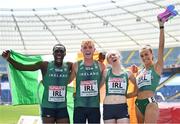 22 June 2023; The Ireland mixed relay team, from left, Nelvin Appiah, Callum Baird, Roisin Harrison and Sharlene Mawdsley celebrate after winning the 4x400 mixed relay at the Silesian Stadium during the European Games 2023 in Chorzow, Poland. Photo by David Fitzgerald/Sportsfile