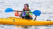 22 June 2023; Team Ireland's Breege Walsh, a member of Castlebar Special Olympics Club, from Claremorris, Mayo, celebrates winning a Bronze Medal KT-1200m Women Division 4 during the Kayaking Finals on day six of the World Special Olympic Games 2023 at the Grünau regatta course in Berlin, Germany. Photo by Ray McManus/Sportsfile