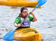 22 June 2023; Team Ireland's Breege Walsh, a member of Castlebar Special Olympics Club, from Claremorris, Mayo, after winning a Bronze Medal KT-1200m Women Division 4 during the Kayaking Finals on day six of the World Special Olympic Games 2023 at the Grünau regatta course in Berlin, Germany. Photo by Ray McManus/Sportsfile