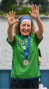 22 June 2023; Team Ireland's Michelle O'Keane, a member of Galway Kayaking, from Galway, Galway, waves to supporters after she had been presented with a Silver Medal after the KT-1200m Woman F03 division during the Kayaking Finals on day six of the World Special Olympic Games 2023 at the Grünau regatta course in Berlin, Germany. Photo by Ray McManus/Sportsfile