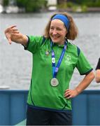 22 June 2023; Team Ireland's Michelle O'Keane, a member of Galway Kayaking, from Galway, Galway, waves to supporters after she had been presented with a Silver Medal after the KT-1200m Woman F03 division during the Kayaking Finals on day six of the World Special Olympic Games 2023 at the Grünau regatta course in Berlin, Germany. Photo by Ray McManus/Sportsfile