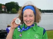 22 June 2023; Team Ireland's Michelle O'Keane, a member of Galway Kayaking, from Galway, Galway, after she had been presented with a Silver Medal after the KT-1200m Woman F03 division during the Kayaking Finals on day six of the World Special Olympic Games 2023 at the Grünau regatta course in Berlin, Germany. Photo by Ray McManus/Sportsfile