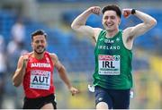 22 June 2023; Mark Smyth of Ireland celebrates as he crosses the line to win the 200m at the Silesian Stadium during the European Games 2023 in Chorzow, Poland. Photo by David Fitzgerald/Sportsfile