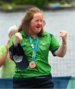 22 June 2023; Team Ireland's Breege Walsh, a member of Castlebar Special Olympics Club, from Claremorris, Mayo, celebrates after she was presented with a Bronze Medal after the KT-1200m Woman F04 event at the Kayaking Finals on day six of the World Special Olympic Games 2023 at the Grünau regatta course in Berlin, Germany. Photo by Ray McManus/Sportsfile
