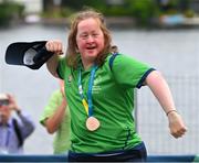 22 June 2023; Team Ireland's Breege Walsh, a member of Castlebar Special Olympics Club, from Claremorris, Mayo, celebrates after she was presented with a Bronze Medal after the KT-1200m Woman F04 event at the Kayaking Finals on day six of the World Special Olympic Games 2023 at the Grünau regatta course in Berlin, Germany. Photo by Ray McManus/Sportsfile