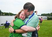 22 June 2023; Team Ireland's Breege Walsh, a member of Castlebar Special Olympics Club, from Claremorris, Mayo, as she was presented with a Bronze Medal by Matt English, CEO of Special Olympics Ireland, after the KT-1200m Woman F04 event at the Kayaking Finals on day six of the World Special Olympic Games 2023 at the Grünau regatta course in Berlin, Germany. Photo by Ray McManus/Sportsfile