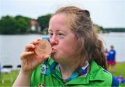 22 June 2023; Team Ireland's Breege Walsh, a member of Castlebar Special Olympics Club, from Claremorris, Mayo, after she was presented with a Bronze Medal after the KT-1200m Woman F04 event at the Kayaking Finals on day six of the World Special Olympic Games 2023 at the Grünau regatta course in Berlin, Germany. Photo by Ray McManus/Sportsfile