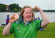 22 June 2023; Team Ireland's Breege Walsh, a member of Castlebar Special Olympics Club, from Claremorris, Mayo, after she was presented with a Bronze Medal after the KT-1200m Woman F04 event at the Kayaking Finals on day six of the World Special Olympic Games 2023 at the Grünau regatta course in Berlin, Germany. Photo by Ray McManus/Sportsfile