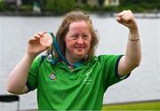 22 June 2023; Team Ireland's Breege Walsh, a member of Castlebar Special Olympics Club, from Claremorris, Mayo, after she was presented with a Bronze Medal after the KT-1200m Woman F04 event at the Kayaking Finals on day six of the World Special Olympic Games 2023 at the Grünau regatta course in Berlin, Germany.  Photo by Ray McManus/Sportsfile