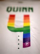 22 June 2023; The jersey of Louise Quinn hangs in the Republic of Ireland dressing room before the women's international friendly match between Republic of Ireland and Zambia at Tallaght Stadium in Dublin. Photo by Stephen McCarthy/Sportsfile