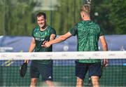 22 June 2023; Sam McKibbin of Ireland, left, celebrates winning a set with teammate Sean Neave during the men's double Padel Round of 16 match between Ireland and Portugal during the European Games at the KSOS in Krakow. Photo by Tyler Miller/Sportsfile