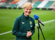 22 June 2023; Republic of Ireland manager Vera Pauw speaks to RTÉ before the women's international friendly match between Republic of Ireland and Zambia at Tallaght Stadium in Dublin. Photo by Stephen McCarthy/Sportsfile