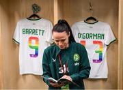 22 June 2023; Áine O'Gorman of Republic of Ireland reads the match progamme before the women's international friendly match between Republic of Ireland and Zambia at Tallaght Stadium in Dublin. Photo by Stephen McCarthy/Sportsfile