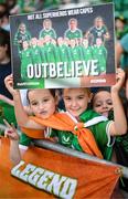 22 June 2023; Republic of Ireland supporters, from left, Emily-Mae McDonnell, Emily Keegan and Sofia Kennedy before the women's international friendly match between Republic of Ireland and Zambia at Tallaght Stadium in Dublin. Photo by Stephen McCarthy/Sportsfile
