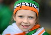 22 June 2023; Republic of Ireland supporter Zahra Pender, age seven, from Ashbourne in Meath, before the women's international friendly match between Republic of Ireland and Zambia at Tallaght Stadium in Dublin. Photo by Stephen McCarthy/Sportsfile