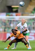 22 June 2023; Barbra Banda of Zambia in action against Louise Quinn of Republic of Ireland during the women's international friendly match between Republic of Ireland and Zambia at Tallaght Stadium in Dublin. Photo by Stephen McCarthy/Sportsfile