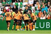 22 June 2023; Zambia players celebrate their side's first goal during the women's international friendly match between Republic of Ireland and Zambia at Tallaght Stadium in Dublin. Photo by Stephen McCarthy/Sportsfile