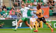 22 June 2023; Saoirse Noonan of Republic of Ireland has a shot on goal under pressure from Mweemba Lushomo of Zambia during the women's international friendly match between Republic of Ireland and Zambia at Tallaght Stadium in Dublin. Photo by Stephen McCarthy/Sportsfile
