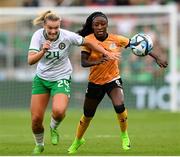 22 June 2023; Saoirse Noonan of Republic of Ireland in action against Margaret Belemu of Zambia during the women's international friendly match between Republic of Ireland and Zambia at Tallaght Stadium in Dublin. Photo by Stephen McCarthy/Sportsfile