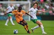 22 June 2023; Evarine Susan Katongo of Zambia in action against Heather Payne of Republic of Ireland during the women's international friendly match between Republic of Ireland and Zambia at Tallaght Stadium in Dublin. Photo by Brendan Moran/Sportsfile