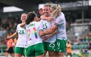22 June 2023; Claire O'Riordan of Republic of Ireland, 25, celebrates with teammates, from left, Erin McLaughlin, Ciara Grant and Louise Quinn after scoring her side's second goal during the women's international friendly match between Republic of Ireland and Zambia at Tallaght Stadium in Dublin. Photo by Stephen McCarthy/Sportsfile