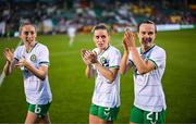 22 June 2023; Republic of Ireland players, from left, Megan Connolly, Chloe Mustaki and Ciara Grant following their side's victory in the women's international friendly match between Republic of Ireland and Zambia at Tallaght Stadium in Dublin. Photo by Stephen McCarthy/Sportsfile