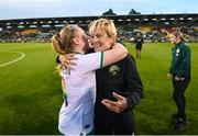 22 June 2023; Amber Barrett of Republic of Ireland and Republic of Ireland manager Vera Pauw embrace after their side's victory in the women's international friendly match between Republic of Ireland and Zambia at Tallaght Stadium in Dublin. Photo by Stephen McCarthy/Sportsfile