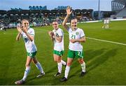 22 June 2023; Republic of Ireland players, from left, Megan Connolly, Chloe Mustaki and Ciara Grant after their side's victory in the women's international friendly match between Republic of Ireland and Zambia at Tallaght Stadium in Dublin. Photo by Stephen McCarthy/Sportsfile