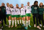22 June 2023; Republic of Ireland players, from left, Saoirse Noonan, Megan Connolly, Amber Barrett, Ciara Grant, Heather Payne and Erin McLaughlin huddle after the women's international friendly match between Republic of Ireland and Zambia at Tallaght Stadium in Dublin. Photo by Stephen McCarthy/Sportsfile