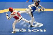 23 June 2023; Jack Woolley of Ireland, right, in action against Josef Hodayfa Alami of Sweden in the Taekwando Men's 58kg round of 16 match at the Krynica-Zdrój Arena during the European Games 2023 in Poland. Photo by David Fitzgerald/Sportsfile