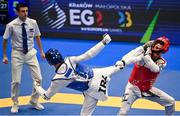 23 June 2023; Jack Woolley of Ireland, left, in action against Josef Hodayfa Alami of Sweden in the Taekwando Men's 58kg round of 16 match at the Krynica-Zdrój Arena during the European Games 2023 in Poland. Photo by David Fitzgerald/Sportsfile